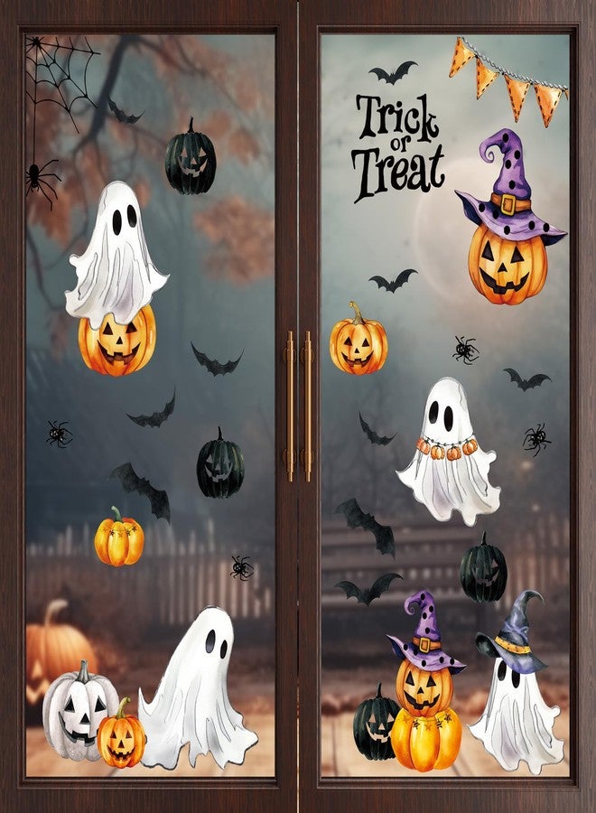 ZAEW ZAWE 9 Sheets Halloween Window Clings Trick or Treat Ghosts Evil Pumpkins Bats Reusable Double-Sided Window Decals Stickers for Fall Party Home Classroom Office Decorations - Image 1